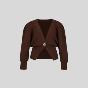 Elegant Single Breasted Knitted Cardigan - Brown