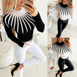 Elegant Women Autumn Winter Sweaters Color Matching Patchwork Design High Collar Long Sleeve Print Slim Pullovers Knitted Top