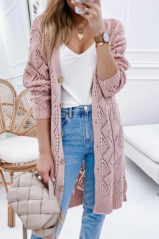 Eyelet sweater button cream black pink cardigan | Cardigan With Hollowed Knit