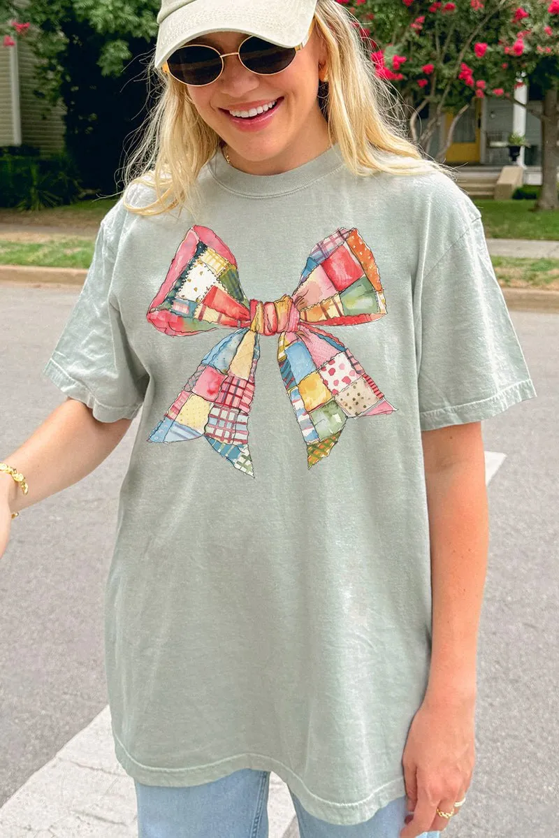 Faux Patchwork Quilt Stripe Bow Comfort Colors Adult Ring-Spun Cotton Tee