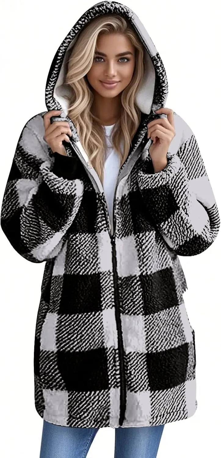Flannel Plaid Shacket Women Plus Size Zip Up Hooded Jacket Casual Long Sleeve Sherpa Winter Coats with Pocket