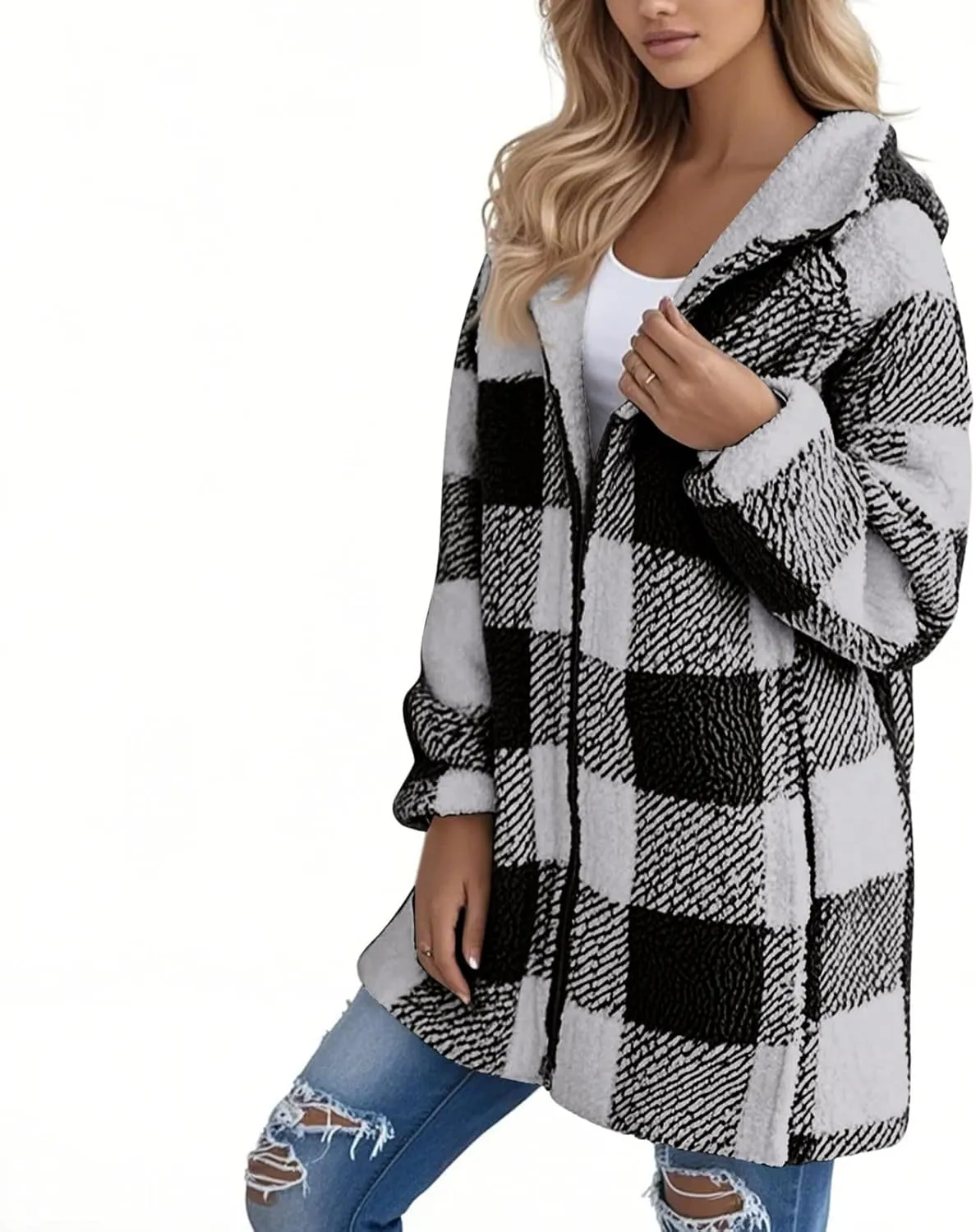 Flannel Plaid Shacket Women Plus Size Zip Up Hooded Jacket Casual Long Sleeve Sherpa Winter Coats with Pocket
