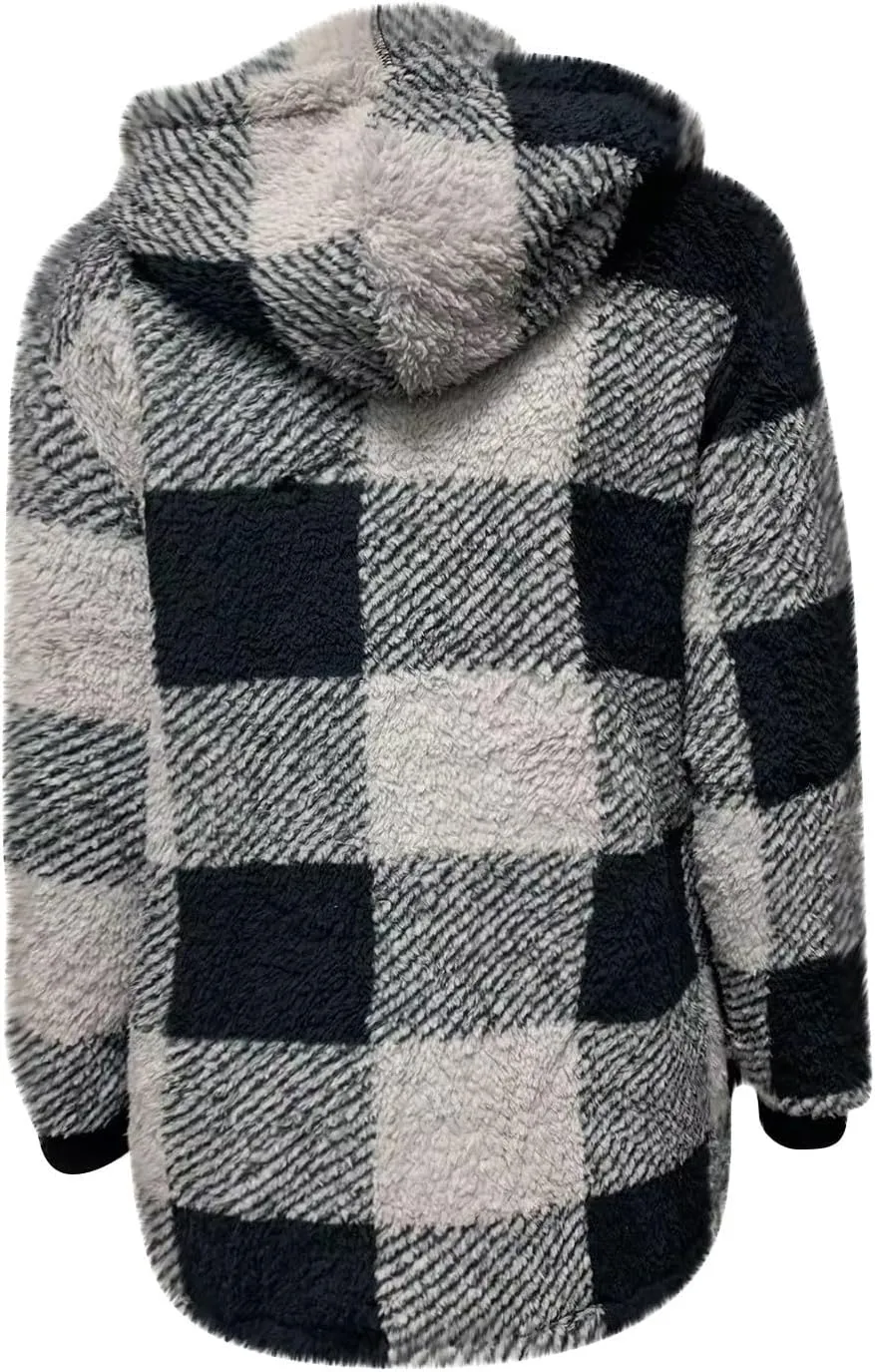 Flannel Plaid Shacket Women Plus Size Zip Up Hooded Jacket Casual Long Sleeve Sherpa Winter Coats with Pocket