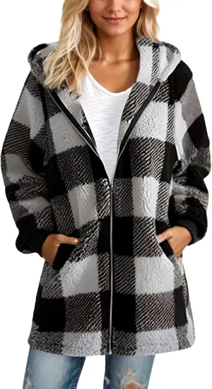 Flannel Plaid Shacket Women Plus Size Zip Up Hooded Jacket Casual Long Sleeve Sherpa Winter Coats with Pocket