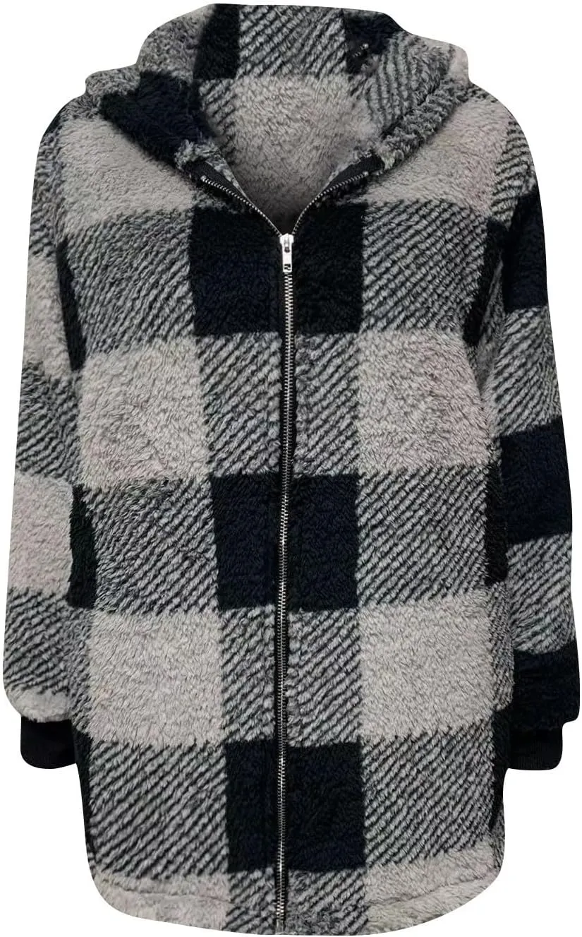 Flannel Plaid Shacket Women Plus Size Zip Up Hooded Jacket Casual Long Sleeve Sherpa Winter Coats with Pocket