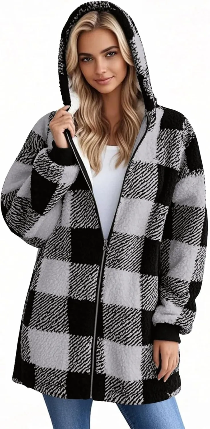 Flannel Plaid Shacket Women Plus Size Zip Up Hooded Jacket Casual Long Sleeve Sherpa Winter Coats with Pocket