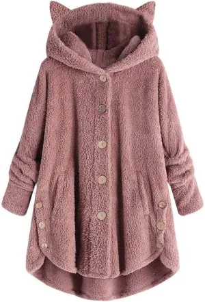 Fleece Jacket Women Pullover Hoodie Fleece Hooded Sweatshirt Cat Ear Pocket Solid Warm Winter Oversized Outwear