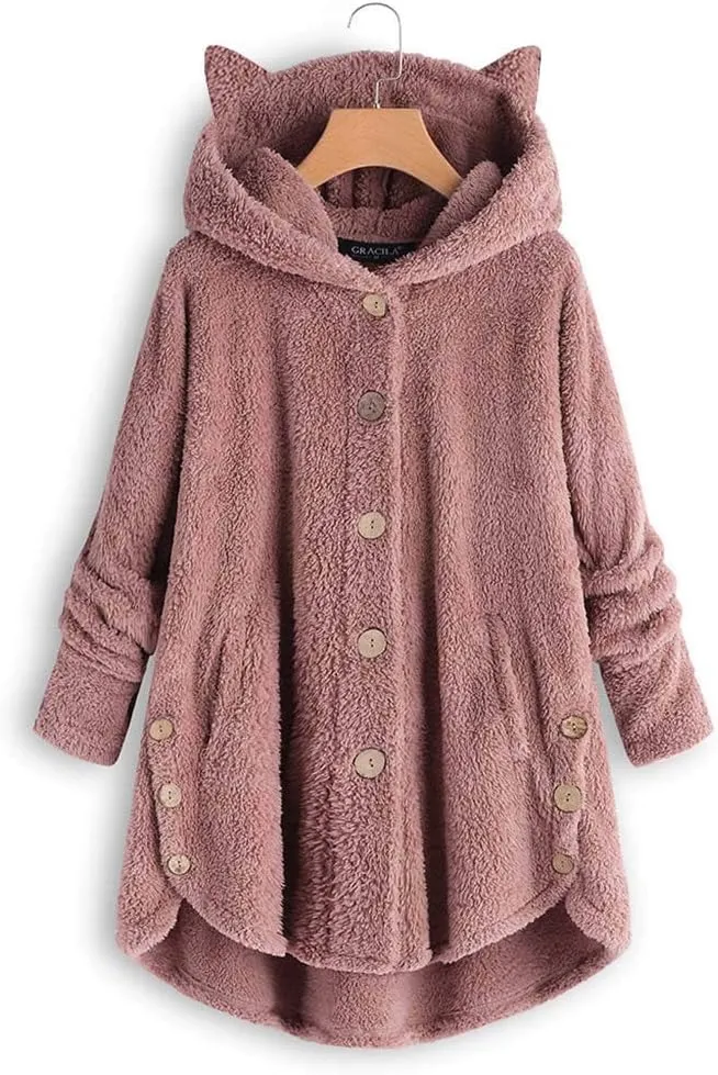 Fleece Jacket Women Pullover Hoodie Fleece Hooded Sweatshirt Cat Ear Pocket Solid Warm Winter Oversized Outwear