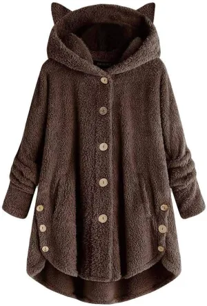 Fleece Jacket Women Pullover Hoodie Fleece Hooded Sweatshirt Cat Ear Pocket Solid Warm Winter Oversized Outwear