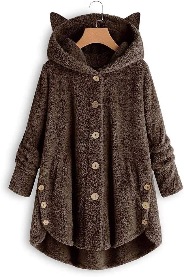 Fleece Jacket Women Pullover Hoodie Fleece Hooded Sweatshirt Cat Ear Pocket Solid Warm Winter Oversized Outwear