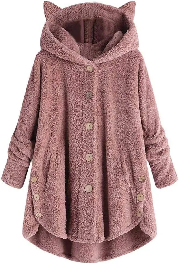 Fleece Jacket Women Pullover Hoodie Fleece Hooded Sweatshirt Cat Ear Pocket Solid Warm Winter Oversized Outwear