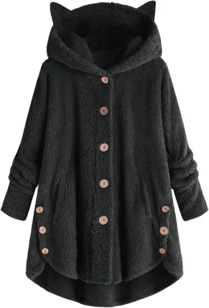 Fleece Jacket Women Pullover Hoodie Fleece Hooded Sweatshirt Cat Ear Pocket Solid Warm Winter Oversized Outwear