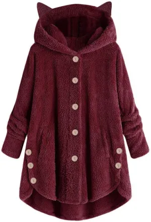 Fleece Jacket Women Pullover Hoodie Fleece Hooded Sweatshirt Cat Ear Pocket Solid Warm Winter Oversized Outwear