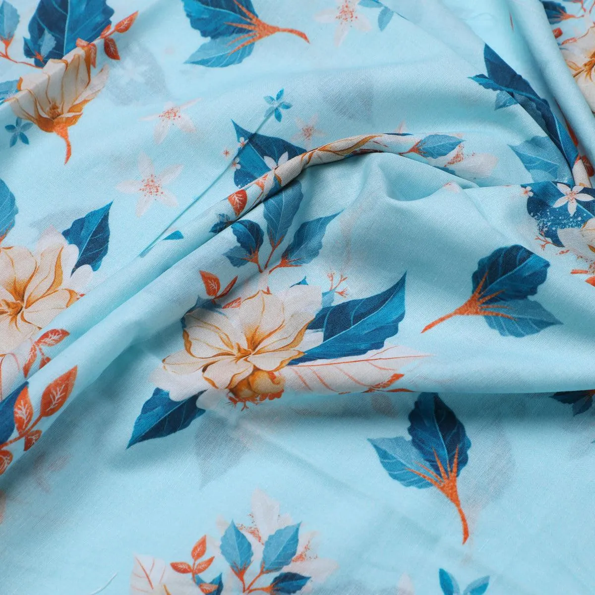 Flower On Ocean Blue Digital Printed Fabric - Pure Cotton