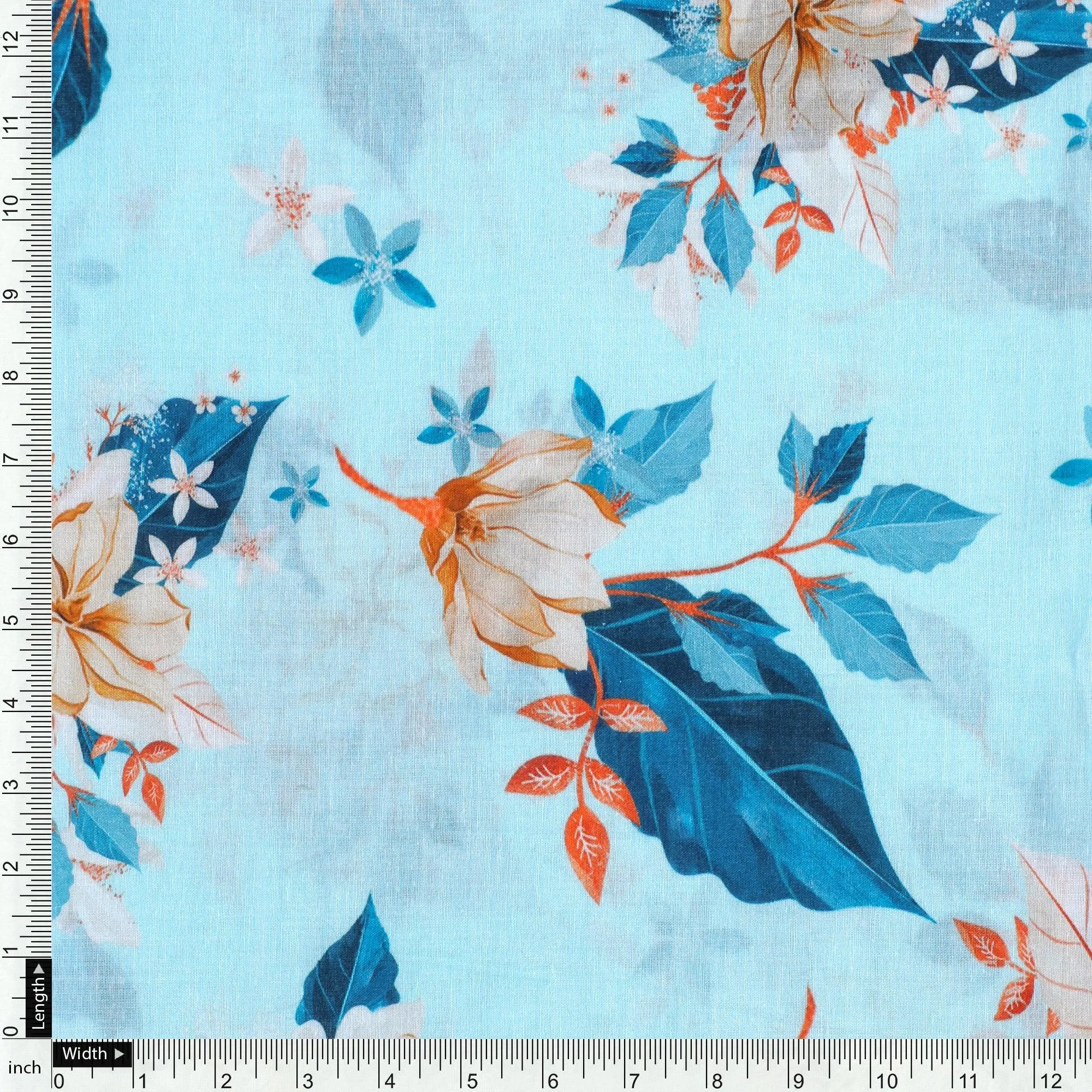 Flower On Ocean Blue Digital Printed Fabric - Pure Cotton