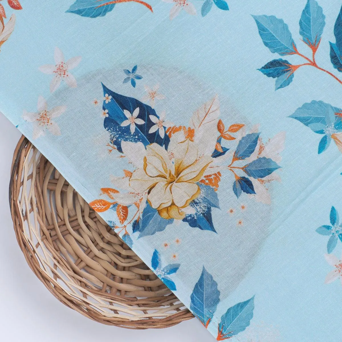 Flower On Ocean Blue Digital Printed Fabric - Pure Cotton
