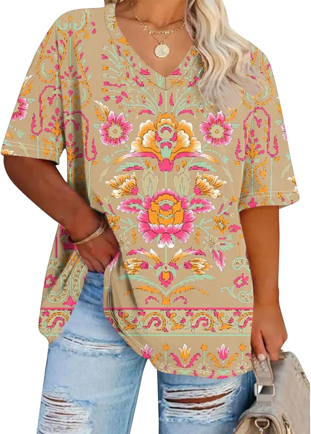 Generic 2024 Oversized T Shirts Women's Plus Size Tees Casual Half Sleeve V Neck Shirt Summer Loose Comfy Basic Tunic Tops