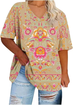 Generic 2024 Oversized T Shirts Women's Plus Size Tees Casual Half Sleeve V Neck Shirt Summer Loose Comfy Basic Tunic Tops