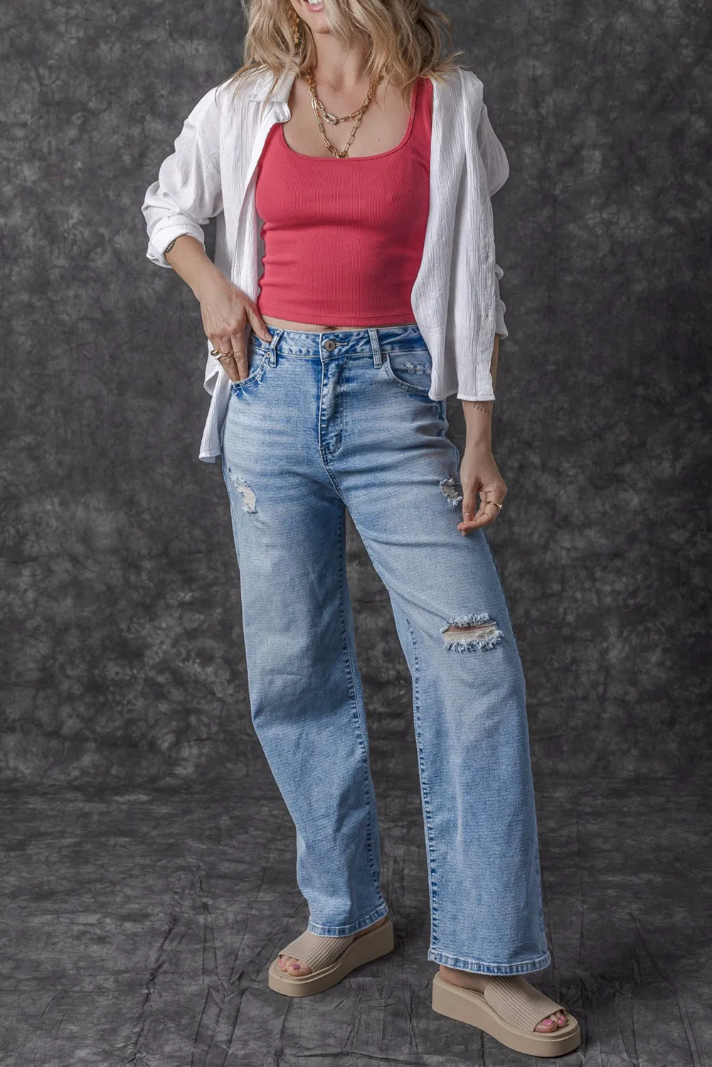 Giana High Rise Distressed Straight Leg Jeans From Threaded Pear