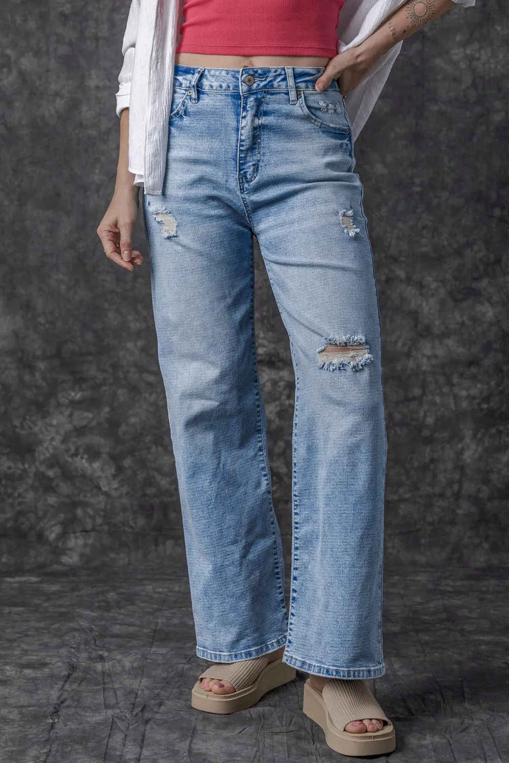 Giana High Rise Distressed Straight Leg Jeans From Threaded Pear