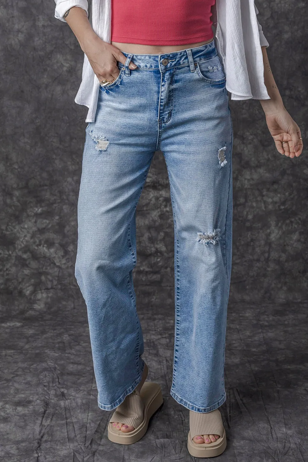 Giana High Rise Distressed Straight Leg Jeans From Threaded Pear