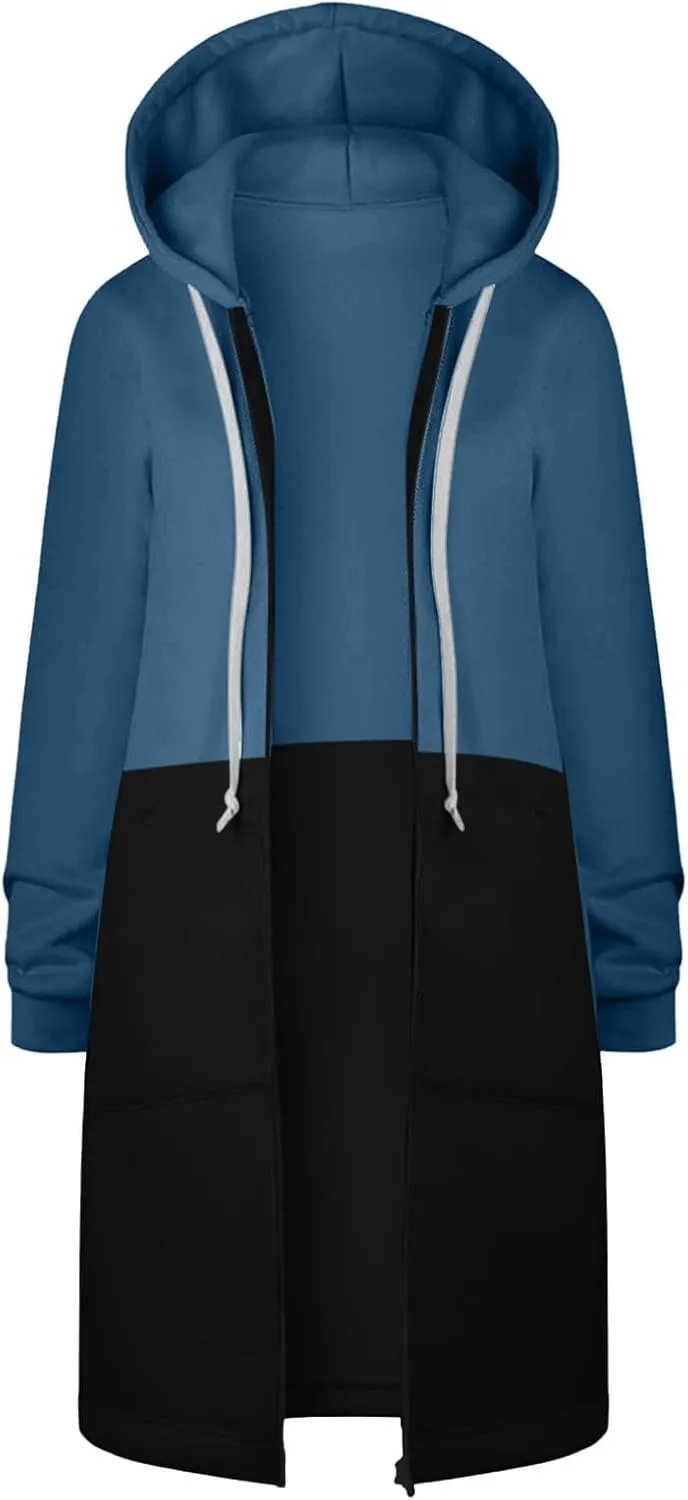 GOFULY Hooded For Women Full Zip Knee Length Tunic Sweatshirt Dresses Fleece Fall Jackets Long Sleeve Solid Clothes Pockets