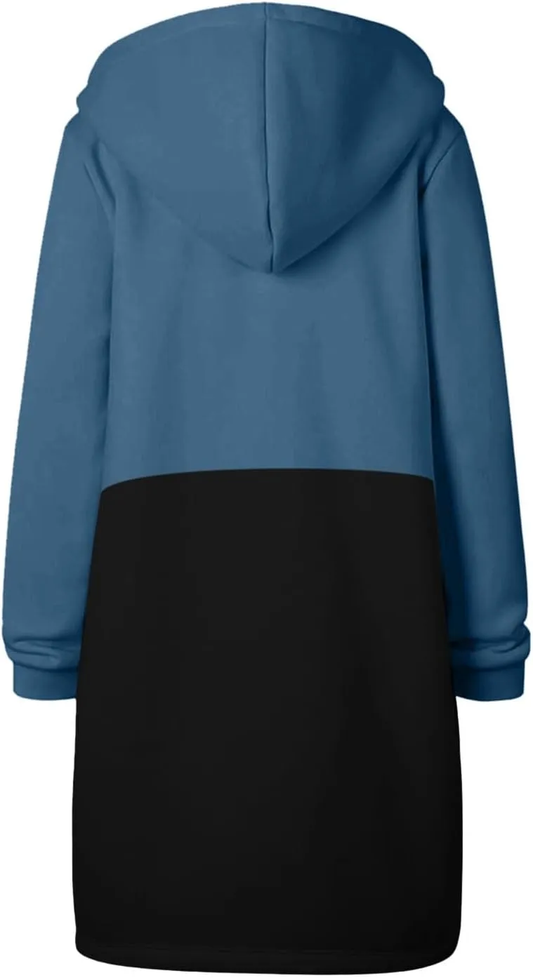 GOFULY Hooded For Women Full Zip Knee Length Tunic Sweatshirt Dresses Fleece Fall Jackets Long Sleeve Solid Clothes Pockets