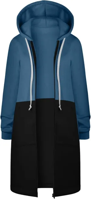 GOFULY Hooded For Women Full Zip Knee Length Tunic Sweatshirt Dresses Fleece Fall Jackets Long Sleeve Solid Clothes Pockets