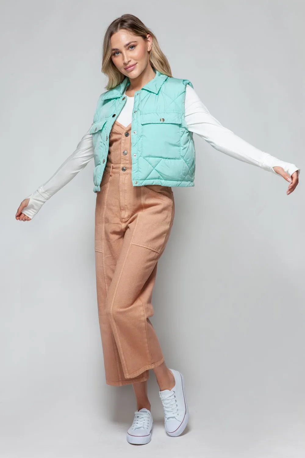 Green Snap Down Quilted Crop Vest