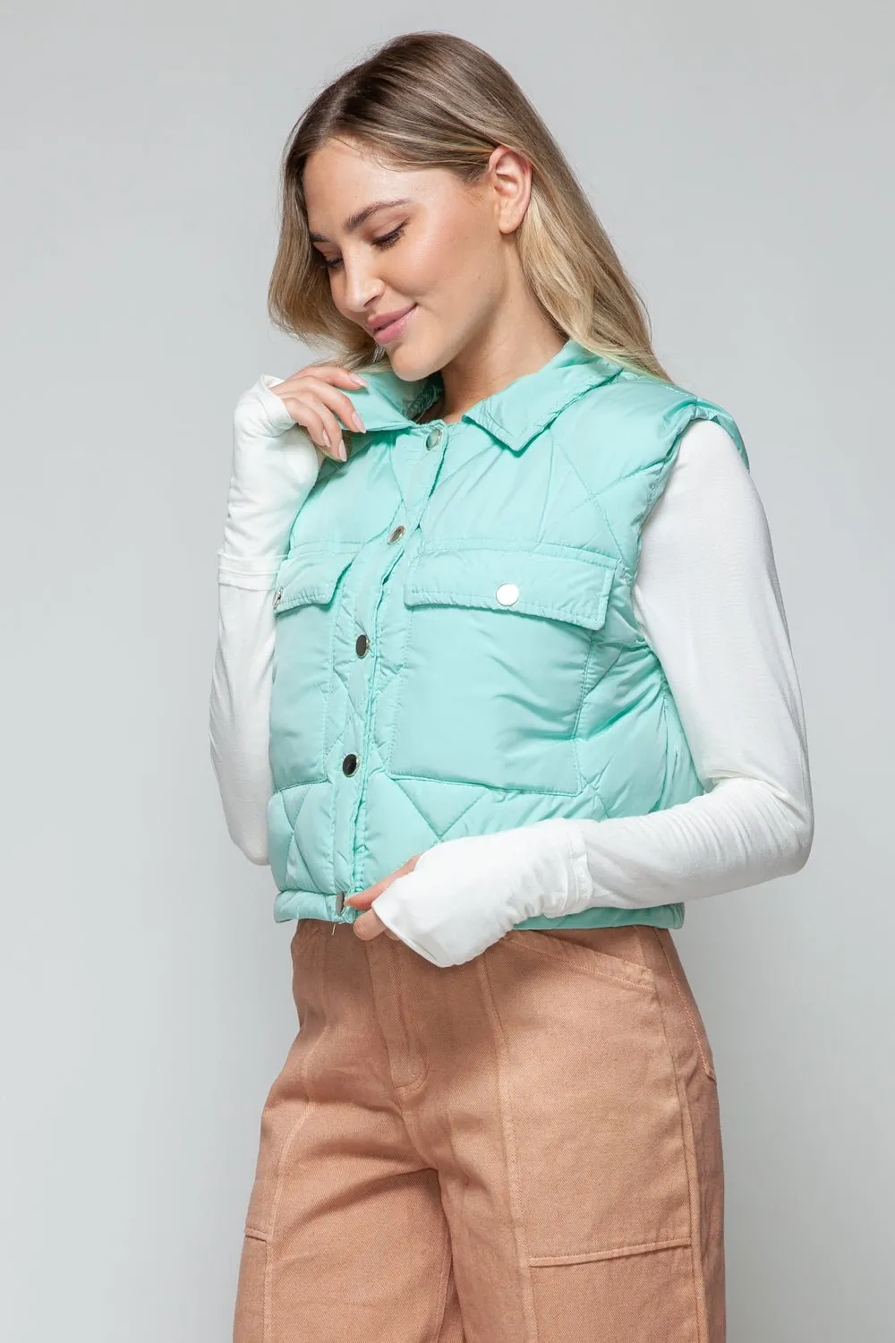 Green Snap Down Quilted Crop Vest