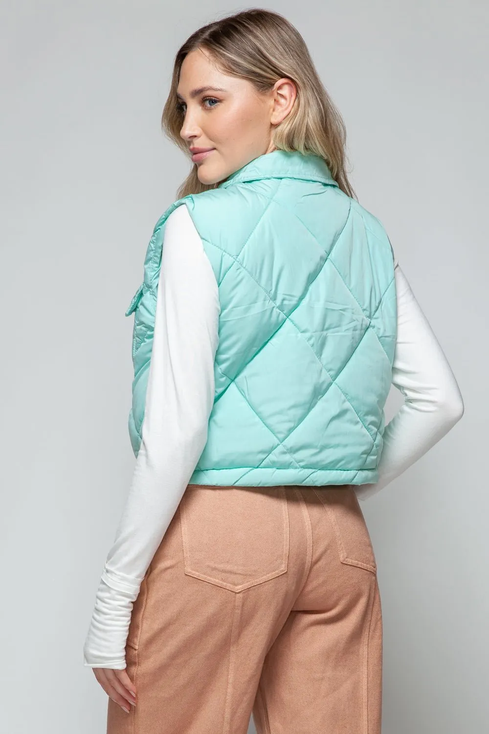 Green Snap Down Quilted Crop Vest
