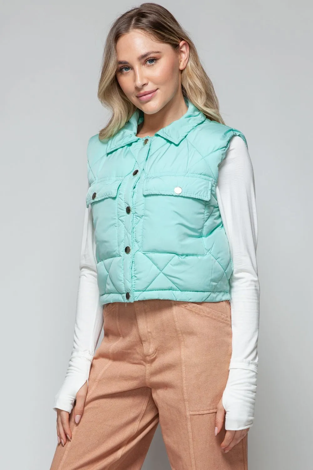 Green Snap Down Quilted Crop Vest