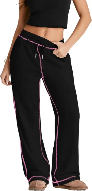 Herseas High Waisted Sweatpants for Women 2024 Fall Wide Leg Contrast Stitching Drawstring Loose Lounge Jogging Pants