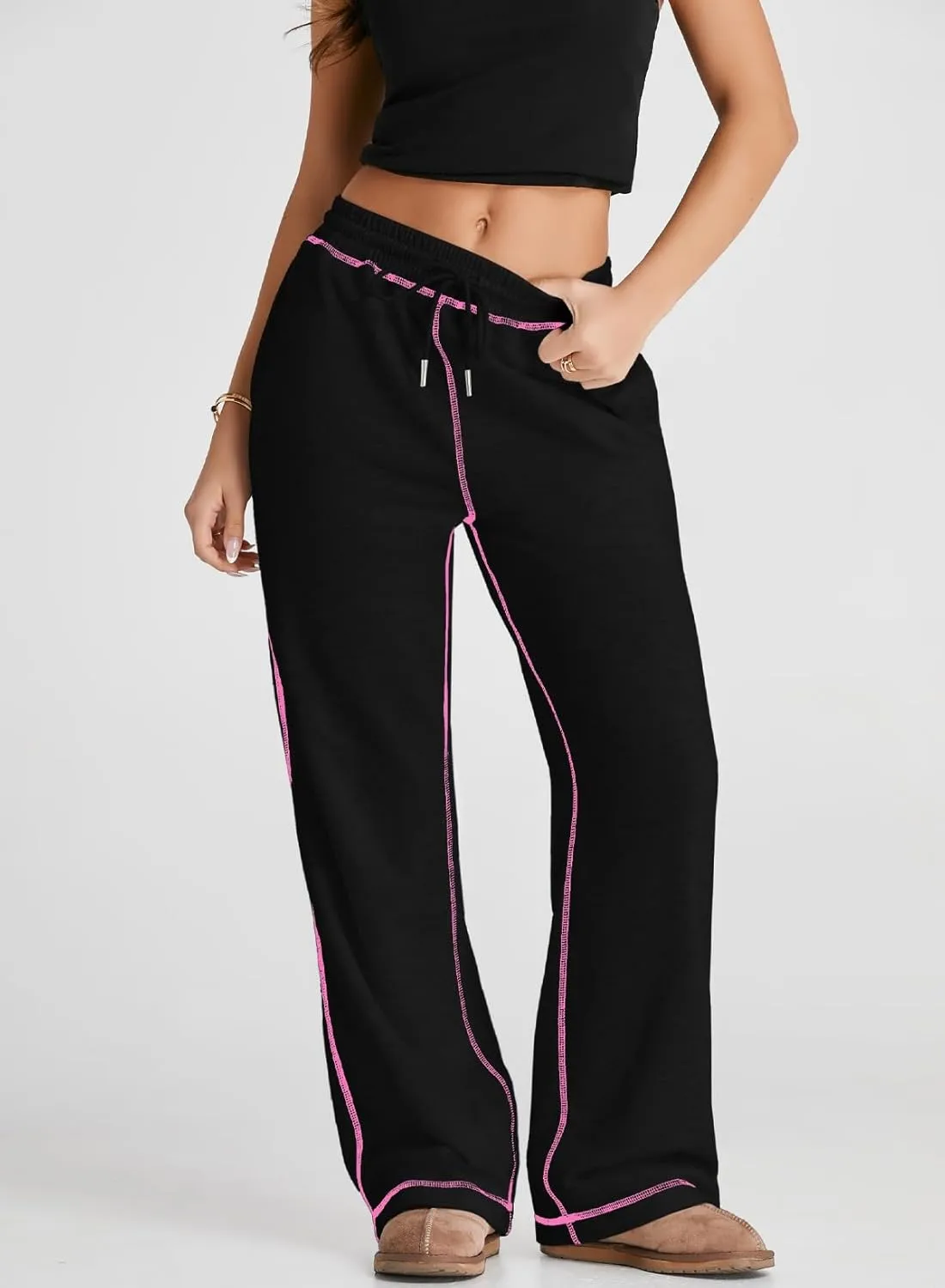Herseas High Waisted Sweatpants for Women 2024 Fall Wide Leg Contrast Stitching Drawstring Loose Lounge Jogging Pants