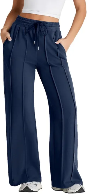 Herseas High Waisted Sweatpants for Women Elastic Elevated Seams Wide Leg Drawstring Loose Long Pants with Pockets