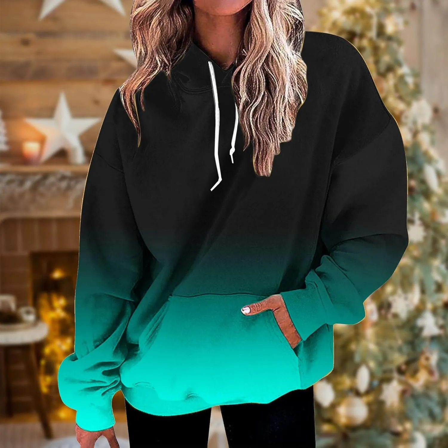 Hoodies For Women 2024 Causal Fall Fashion Oversized Hooded Sweatshirt Gradient Color Drawstring Pullover Hoodie