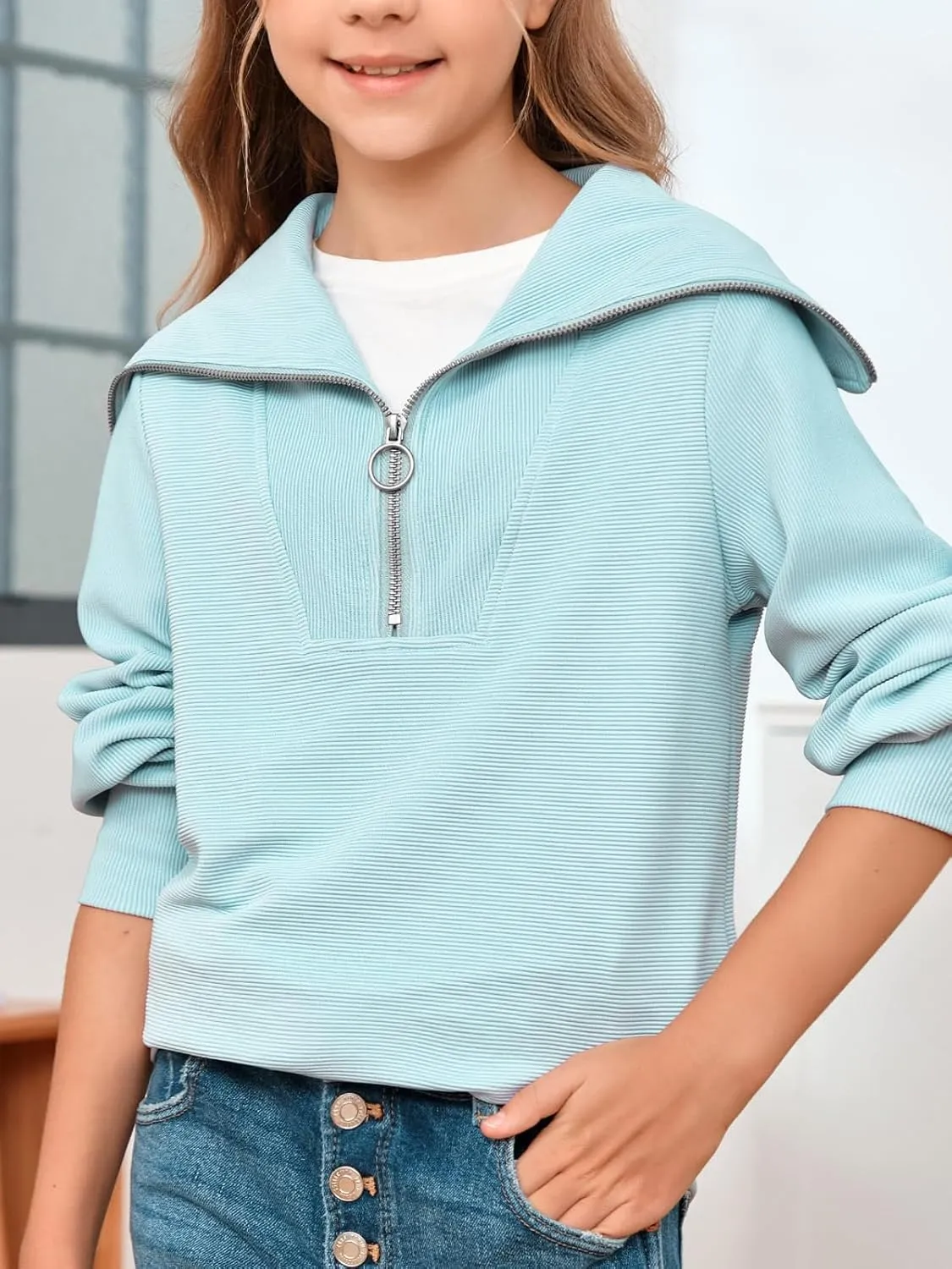 Imily Bela Girls Half Zip Sweatshirts Oversized Collar V Neck Long Sleeve Pullover Top