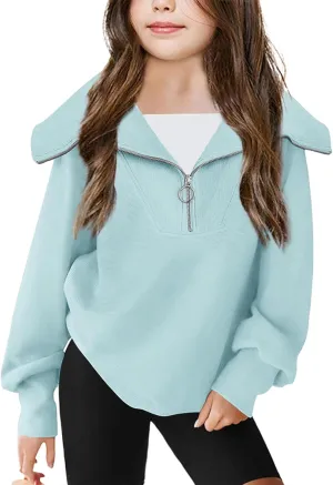 Imily Bela Girls Half Zip Sweatshirts Oversized Collar V Neck Long Sleeve Pullover Top