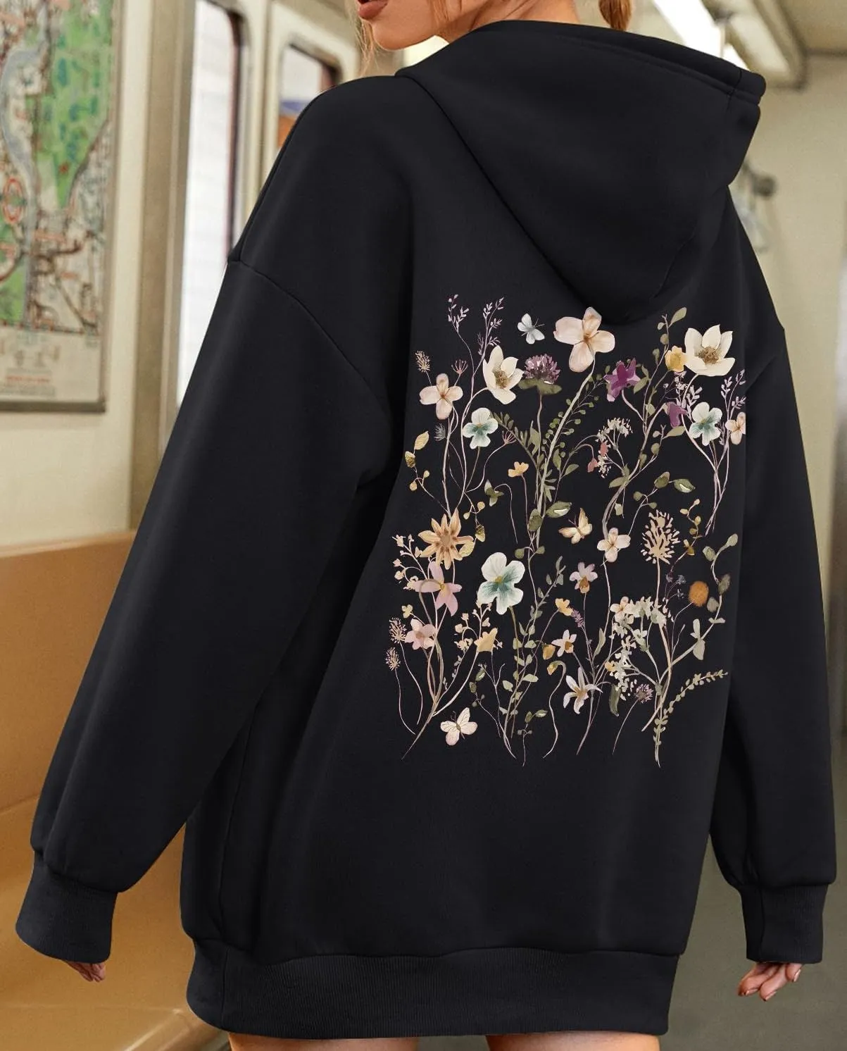 ISOLAY Womens Solid Floral Print Hoodies Long Sleeve Oversized Sweatshirts Fleece Warm Y2K Jacket with Pockets