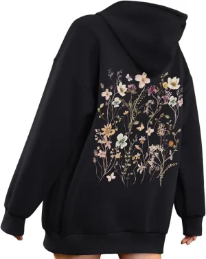 ISOLAY Womens Solid Floral Print Hoodies Long Sleeve Oversized Sweatshirts Fleece Warm Y2K Jacket with Pockets
