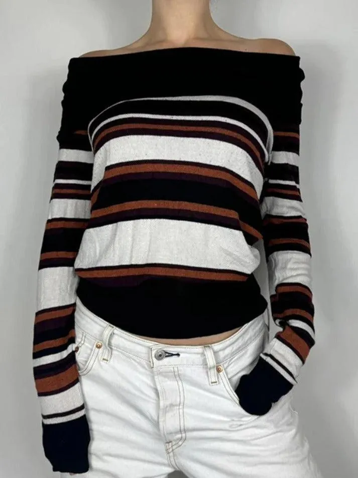 JazzHer Off Shoulder Striped Print Sweaters
