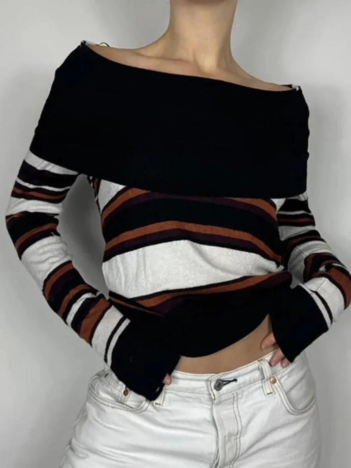 JazzHer Off Shoulder Striped Print Sweaters