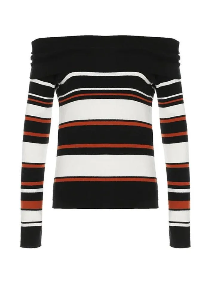 JazzHer Off Shoulder Striped Print Sweaters