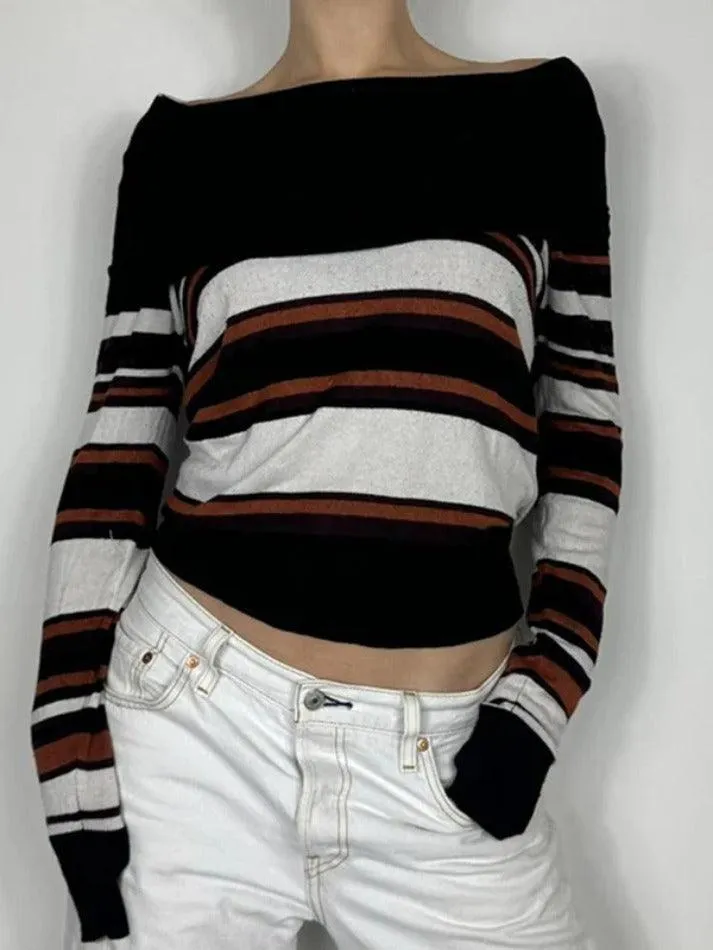 JazzHer Off Shoulder Striped Print Sweaters