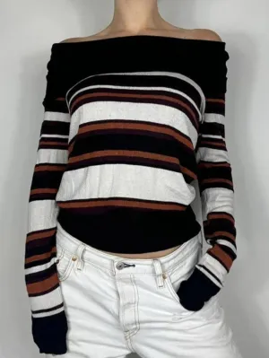 JazzHer Off Shoulder Striped Print Sweaters