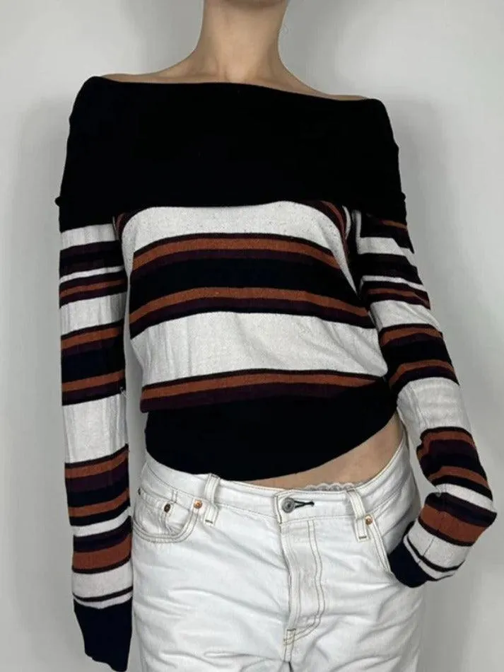 JazzHer Off Shoulder Striped Print Sweaters