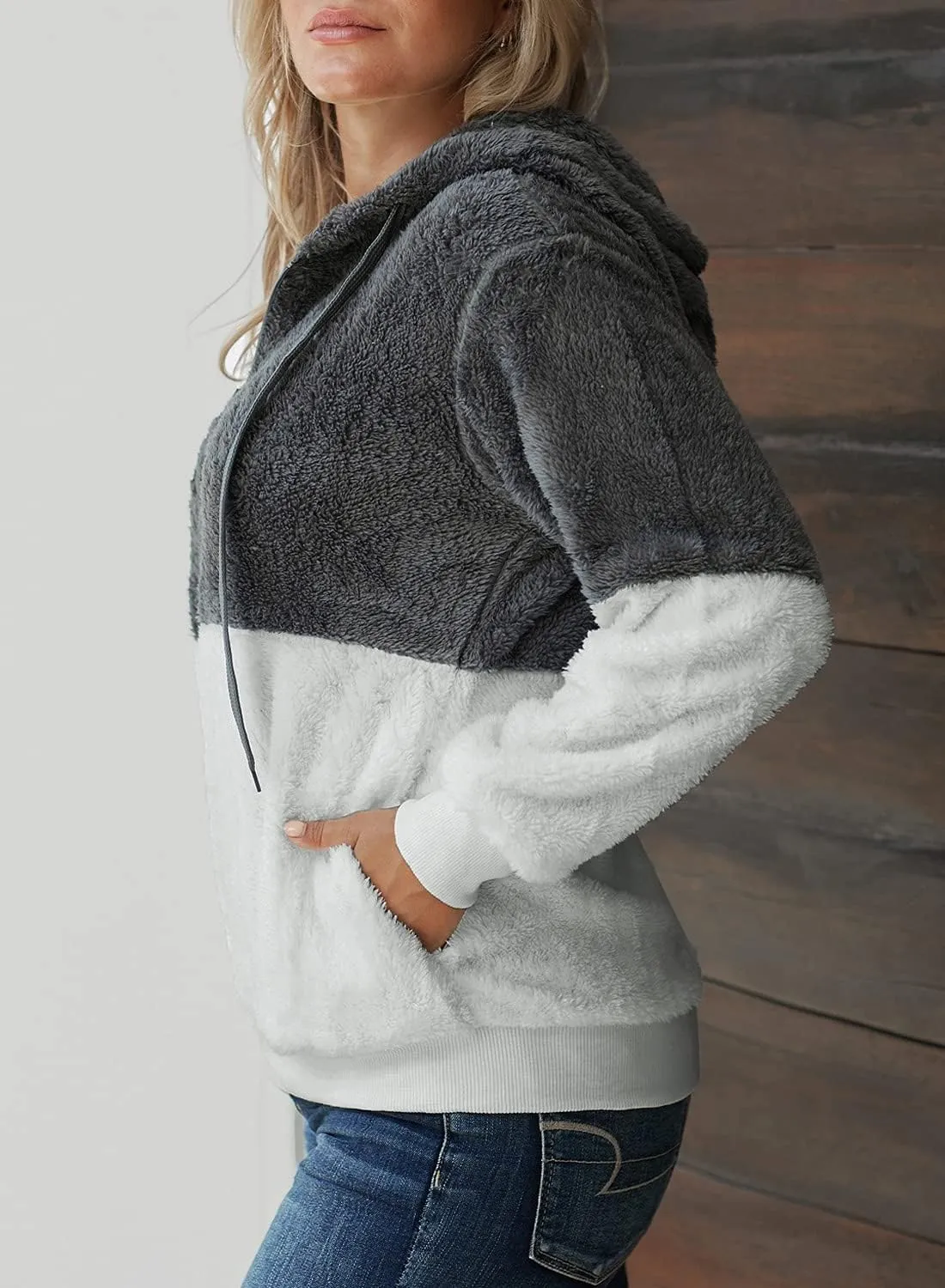 KINGFEN Womens Oversized Sherpa Pullover Hoodie with Pockets Fuzzy Fleece Warm Casual Loose Hooded Sweatshirt Hoodies
