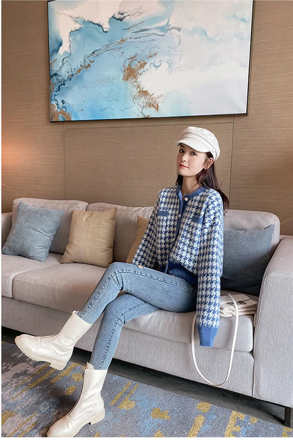 KittenAlarm - Houndstooth Pattern Long Sleeve Elegant Knitted Cardigan Sweater