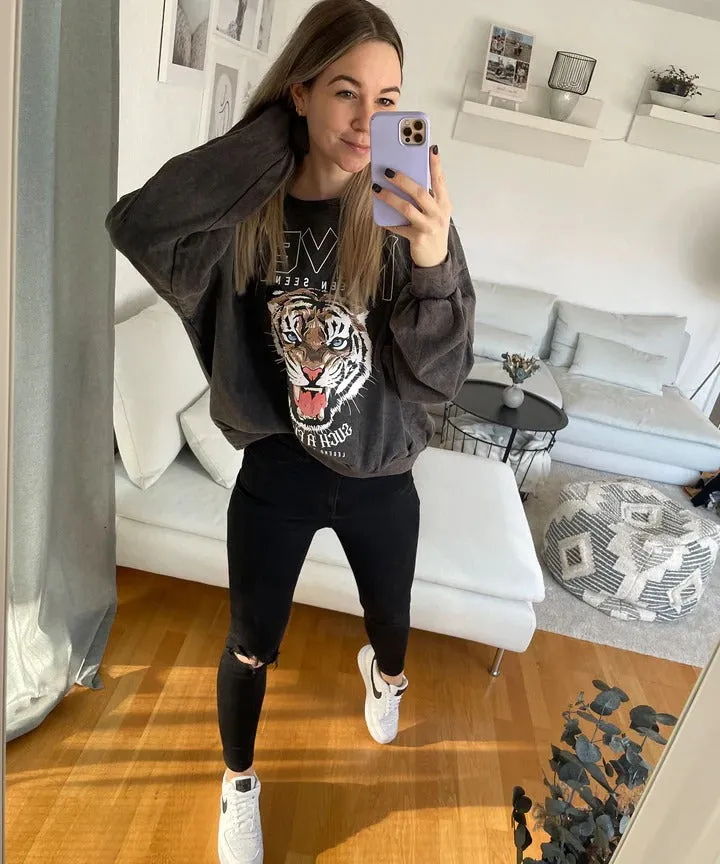 Ladypolitan Tiger print sweatshirt For Her-LSWS-2010 One Size Dark Grey