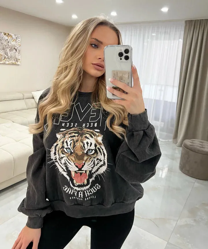 Ladypolitan Tiger print sweatshirt For Her-LSWS-2010 One Size Dark Grey